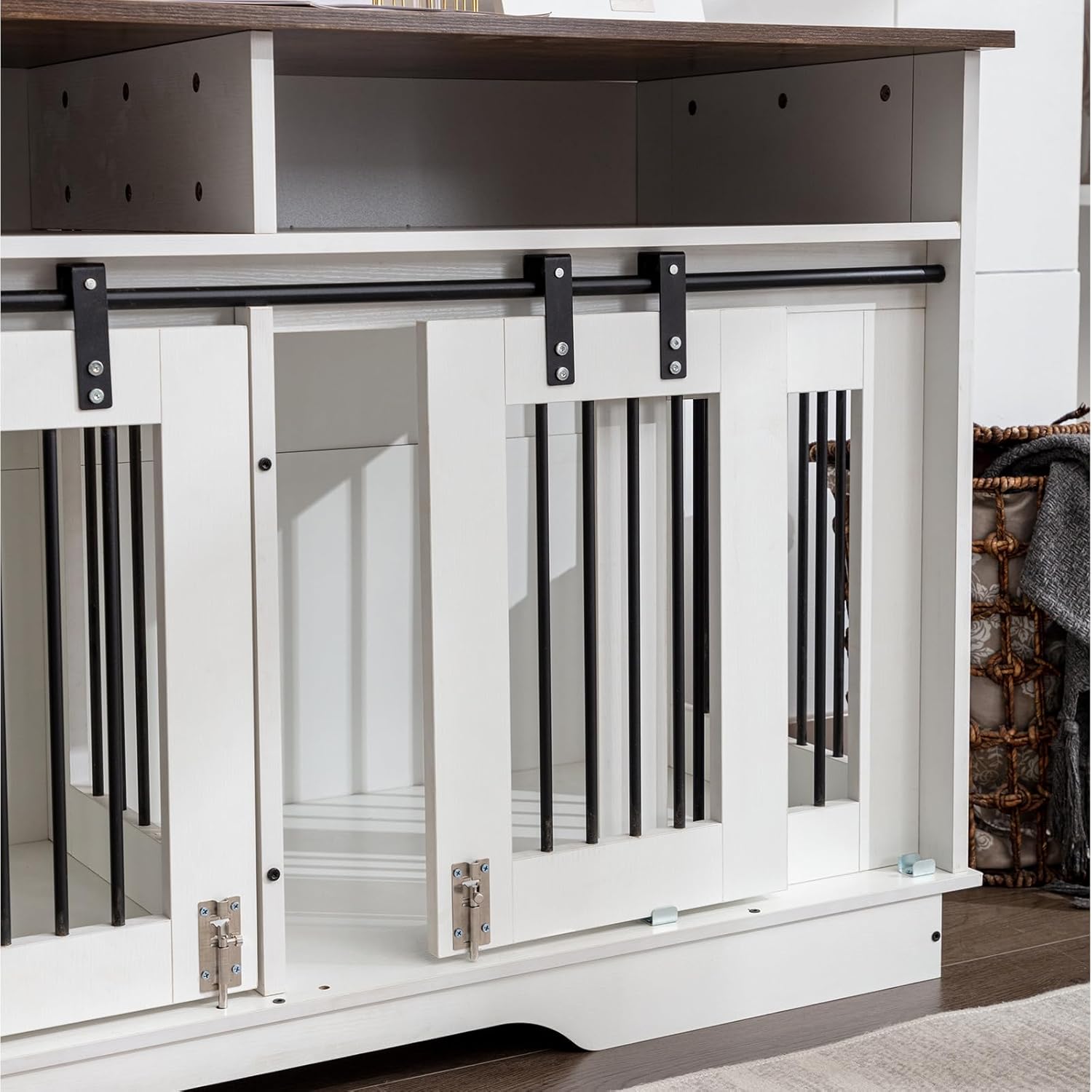 55" Double Dog Crate Furniture, 2-in-1 Wooden Dog Furniture End Table with Large Drawers, Heavy Duty Indoor Dog Kennel with Sliding Doors, Chew Resistant, for 2 Small/Medium Dogs,White