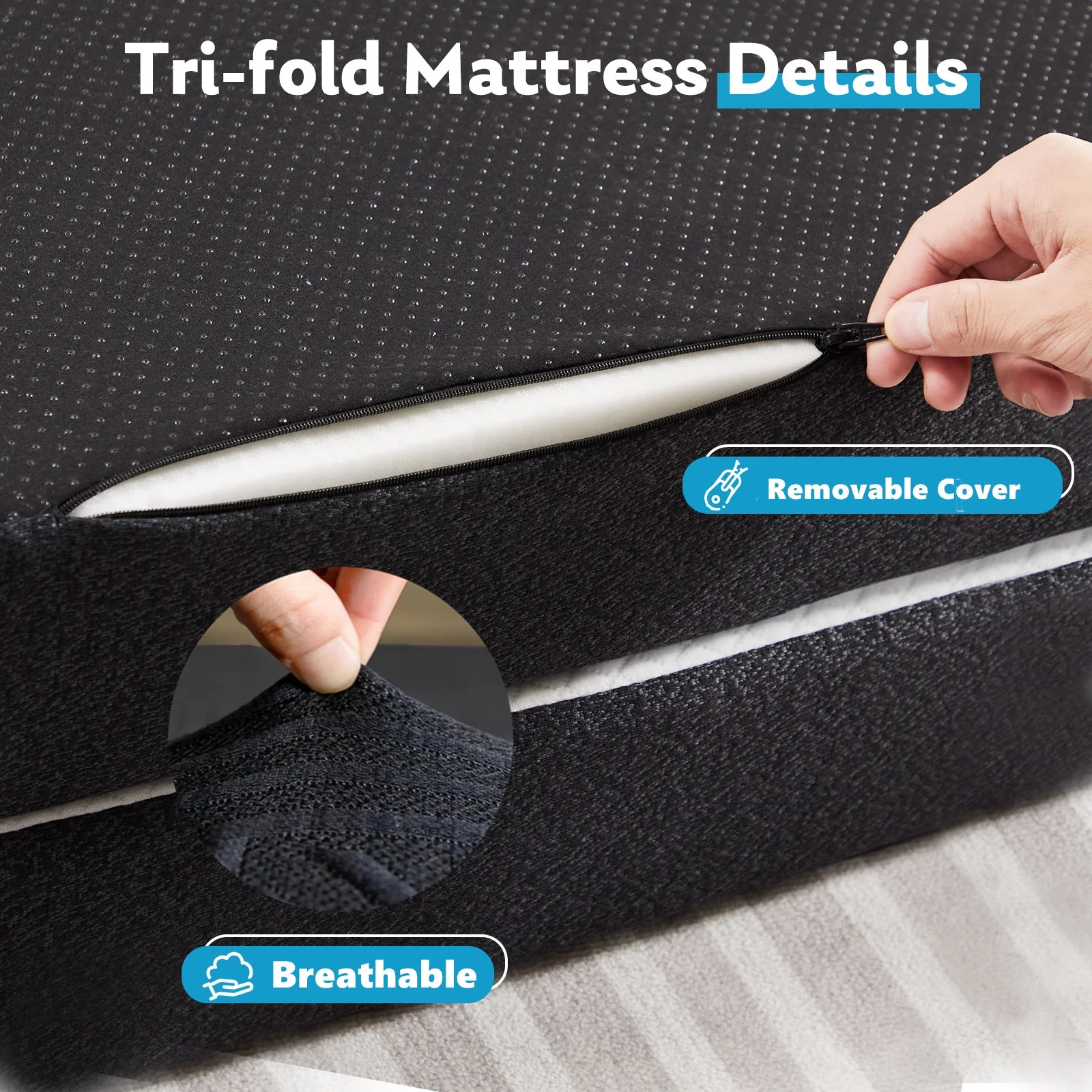 Smiaoer 3 inches Folding Queen Size Memory Foam Mattress with Cover,Tri-fold Portable Mattress Topper for Guest Bed,Camping