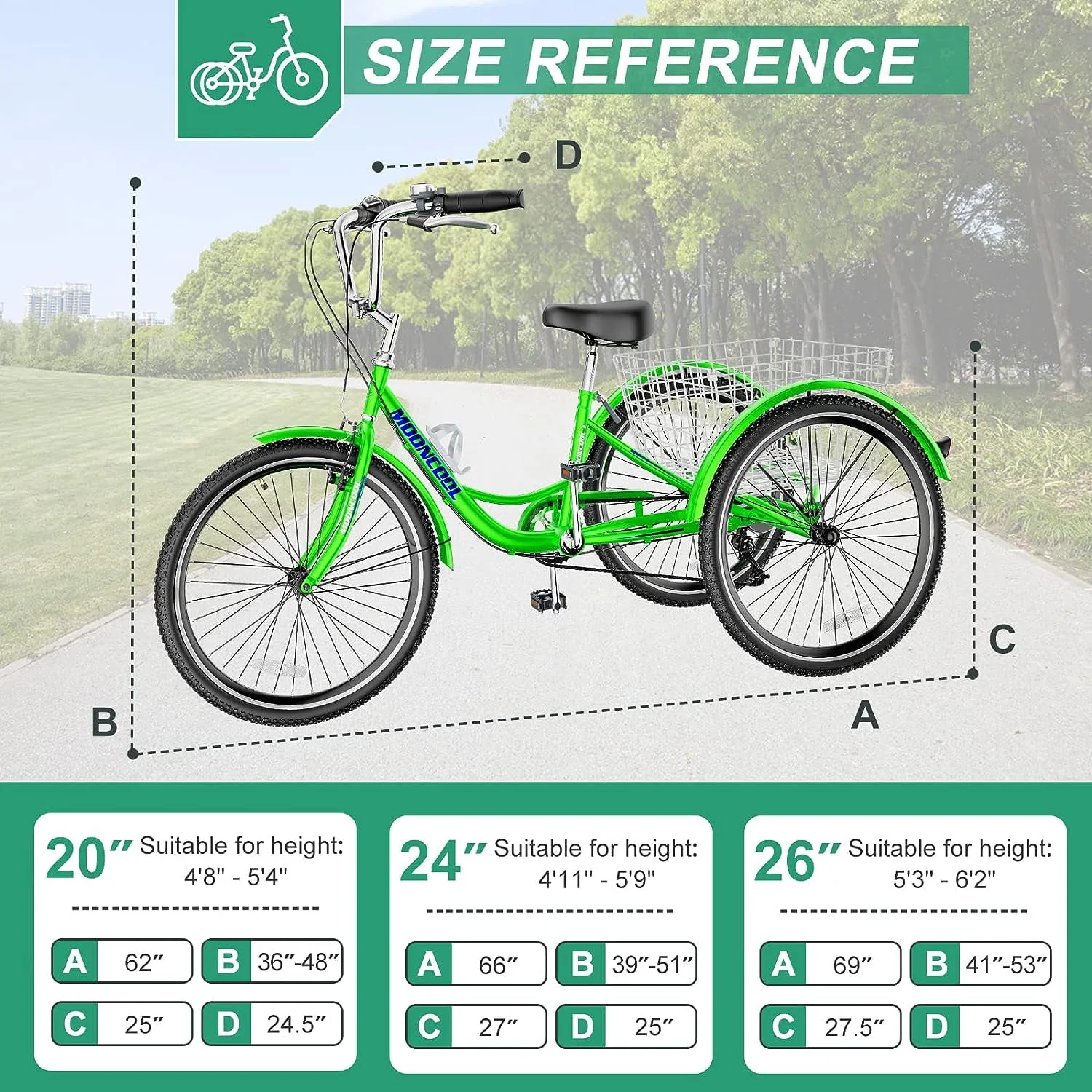 FICISOG 26 Adult Tricycle, 3 Wheel 7 Speed Bikes,450lbs Capacity Cruise Trike with Shopping Basket