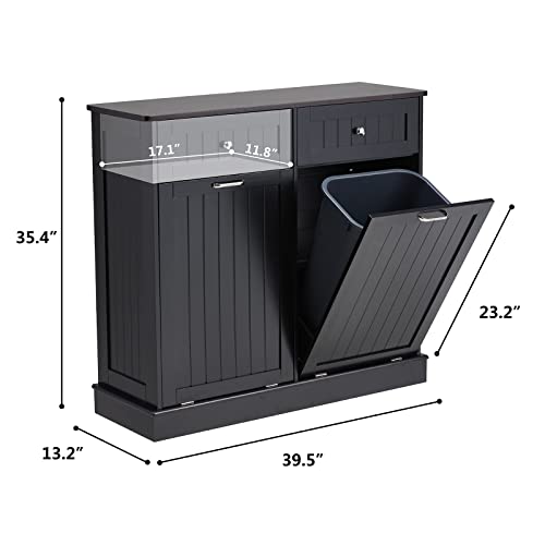Tilt Out Trash Cabinet, Kitchen Trash Cabinet with Hideaway Drawer, Free Standing Trash Can Holder Cabinet with Storage, Wooden Hidden Trash Can with Bamboo Cutting Board, Dog Proof(White)