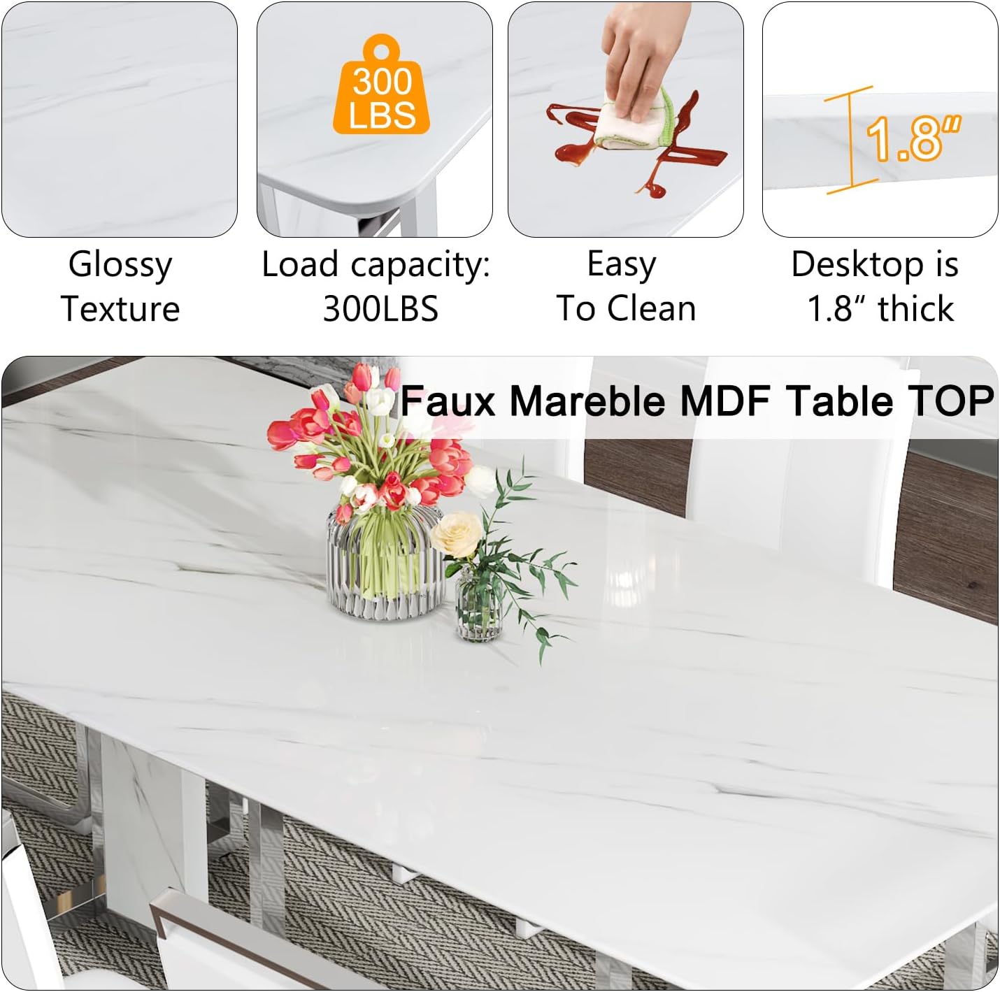79 Inch Faux Marble Dining Table, White Rectangular Kitchen Dining Table, 1.8 Inch Thick Mid Century Modern Dining Table, Luxury Dining Table for Living Room Kitchen, Office