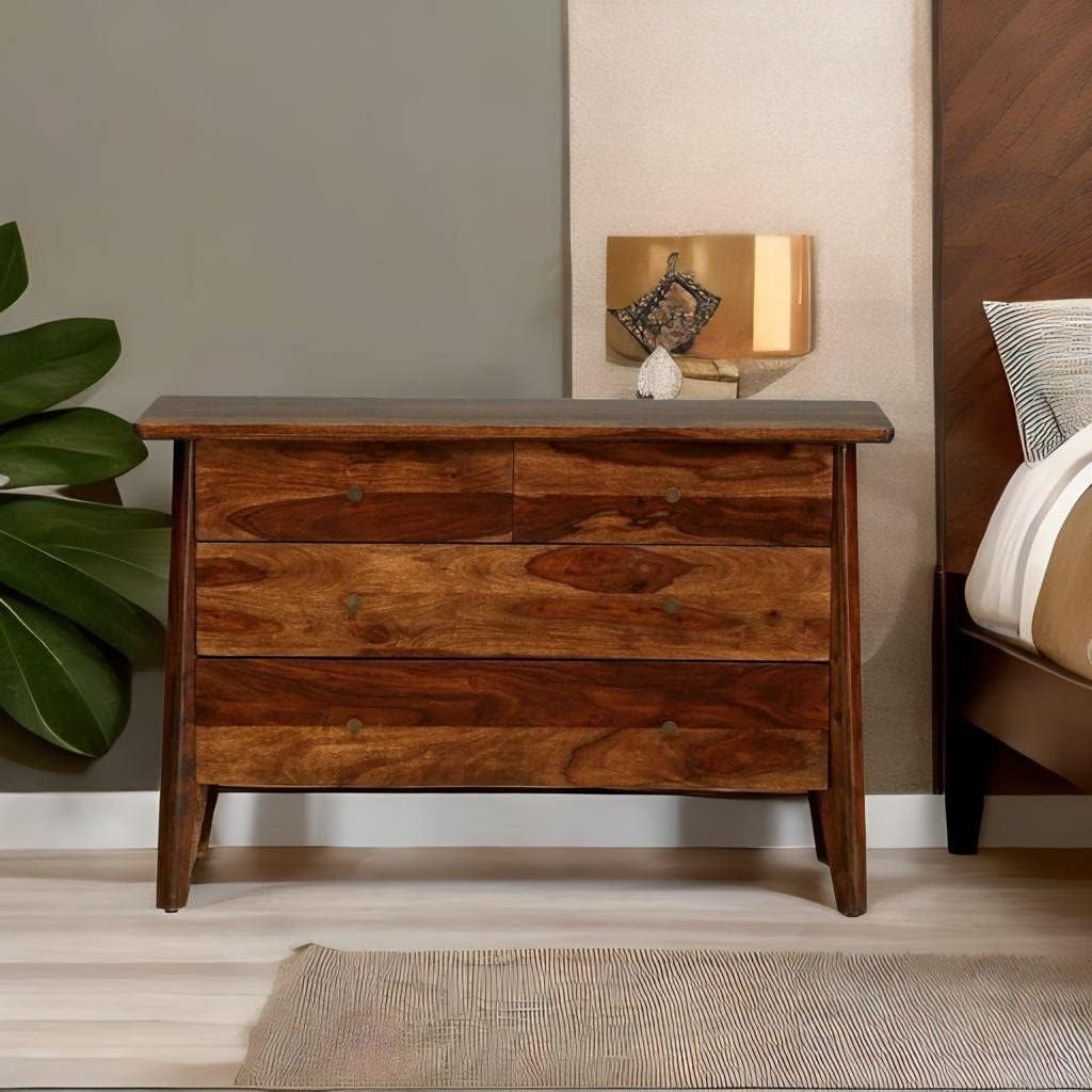 Classic Mango Wood Chest of 4 Drawer Provincial Teak Finish Cabinet Storage Units,Indian Solid Wood,Living Room Bedroom Furniture,Hand Carved Chest of Drawers Modern Chest of Drawers
