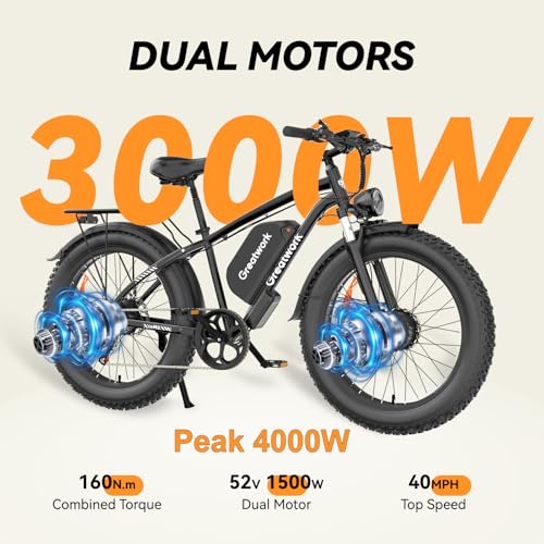 Dual Motor Electric Bike for Adults, 52V 4000/5000W Peak Motor, 40/45MPH, 1300Wh Battery, Up to 100 Miles Range, 26" x 4.0 Fat Tire Ebike with 7-Speed, Suspension, Turn Signals and Dual Disc Brakes