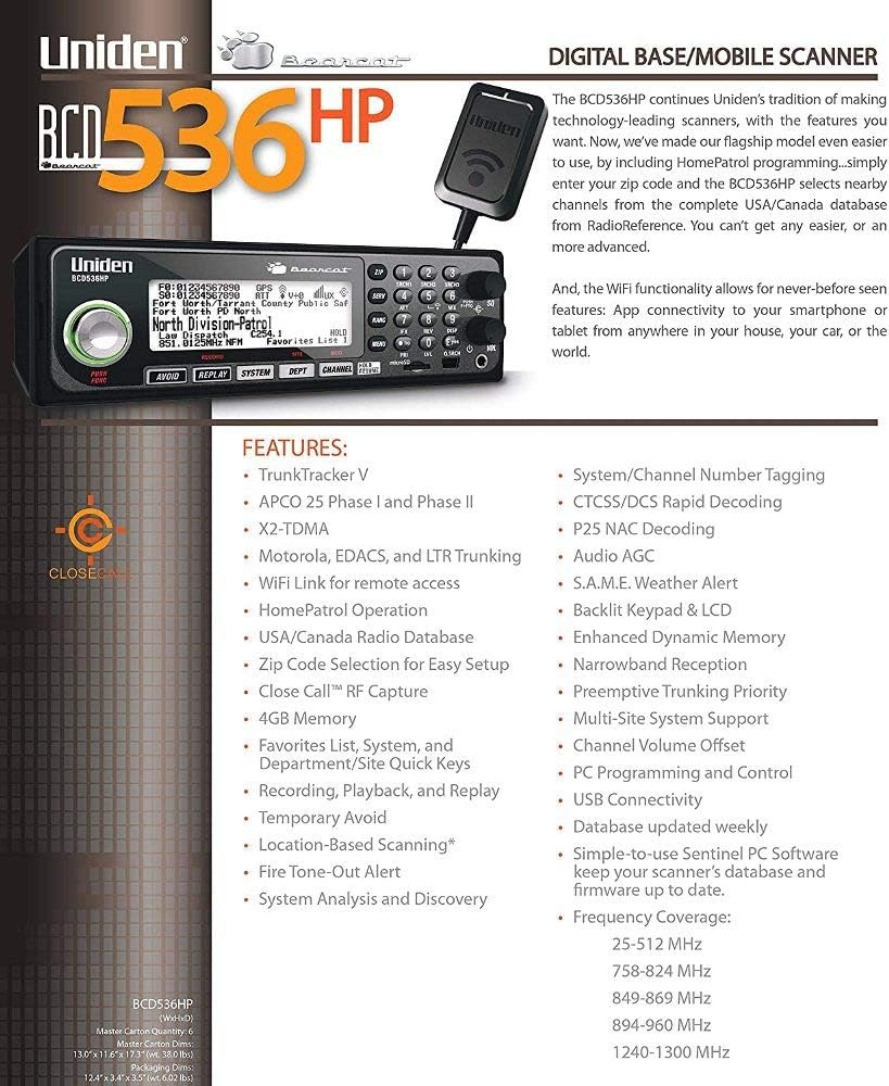 Uniden BCD536HP HomePatrol Series Scanner with Wi-Fi, TrunkTracker V, Backlit Keypad & LCD, Control Channel Only Scanning, S.A.M.E. Weather Alert, USA/Canada Radio Database