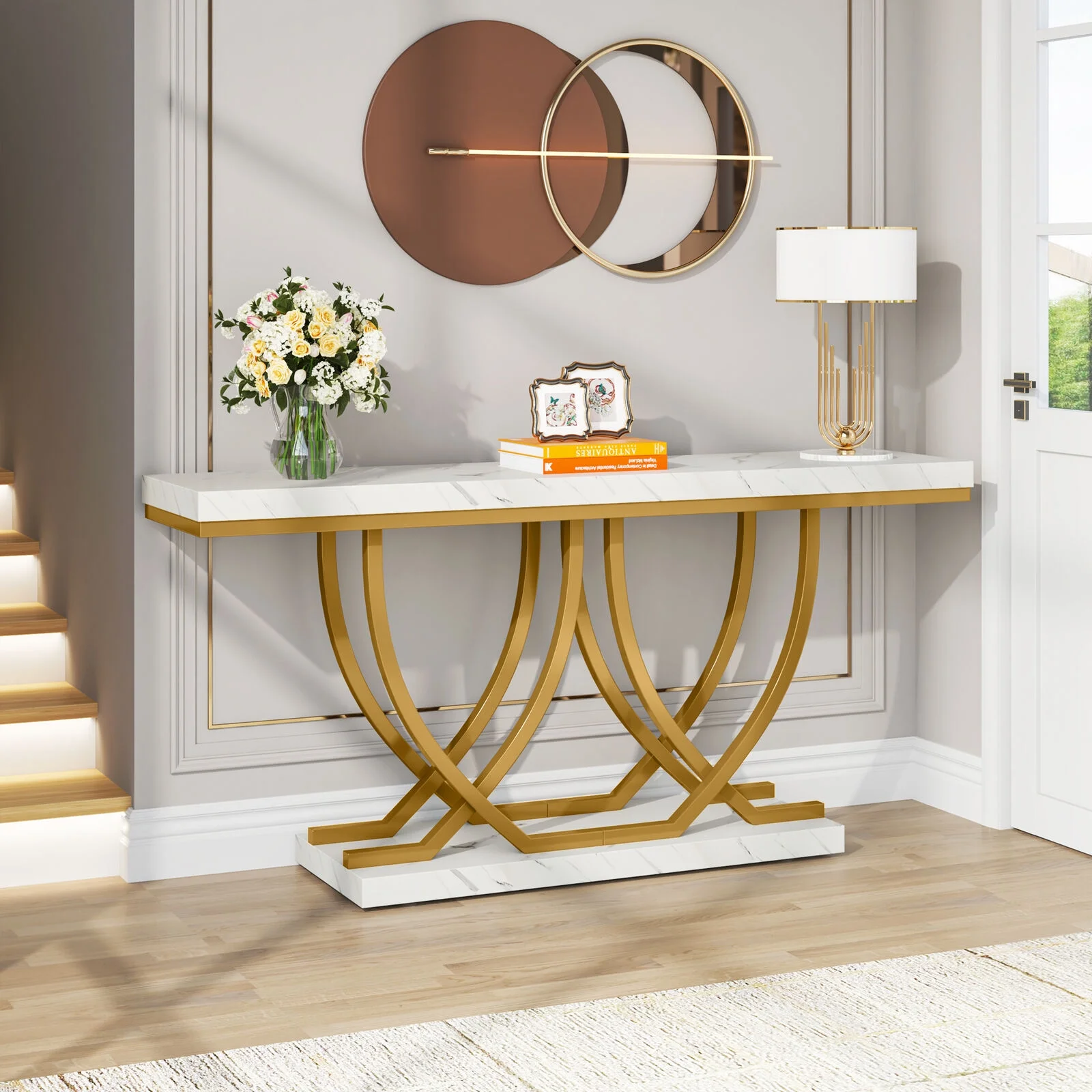 Tribesigns 59" Console Table with Gold Base, Faux Marble Entryway Table Behind Sofa Couch for Living Room, Hallway, White & Gold