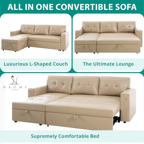 Naomi Home Jenny Sectional Sofa Sleeper with Storage Chaise, Tufted Pull Out Couch with Storage, L-Shaped Reversible Sleeper Sofa with Storage, Black,Air Leather