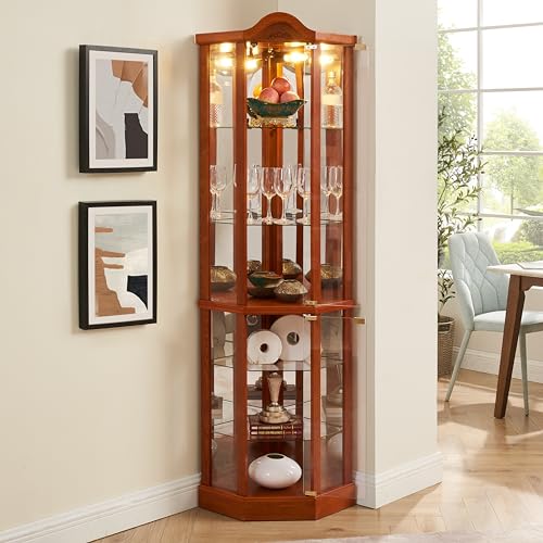 Lighted Wooden Corner Display Curio Cabinet, Curved Shelving Unit Lighted Corner Display with Adjustable Shelves＆Mirrored Back Panel, Tempered Glass Doors for Bedroom, Living Room (Oak)