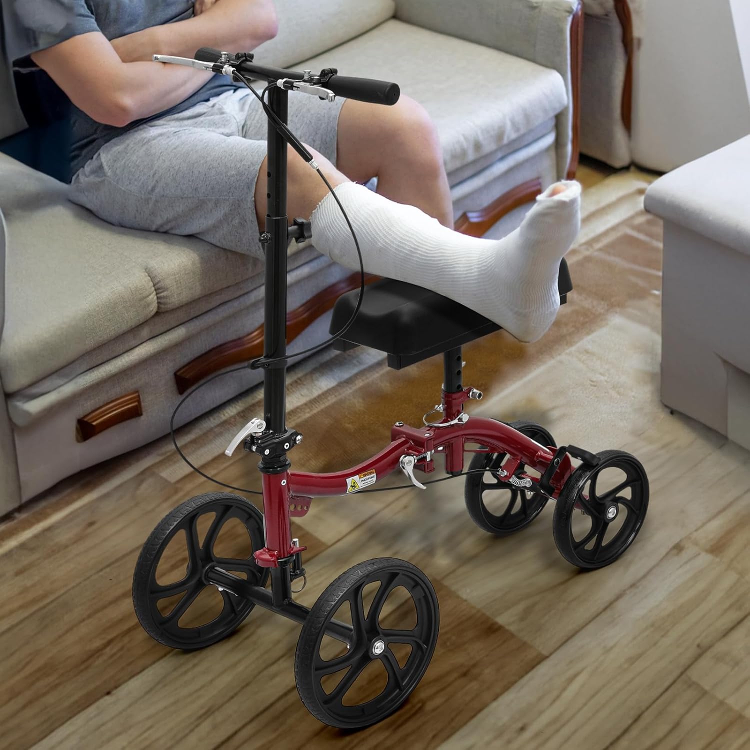 Knee Walker Compact All Terrain 10'' Front Wheels Adjustable Height Knee Scooter with Dual Braking System and Removable Storage for Ankle and Foot Injured, 350lbs Load Capacity, Red
