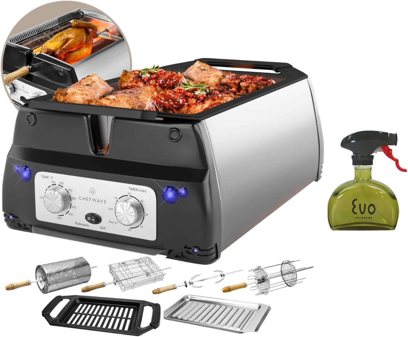 ChefWave Sosaku Smokeless Indoor Grill George Foreman Grill Removeable Plates Non-Stick Korean BBQ Electric Grill Indoor with Infrared Technology - Kebab Set, Fries Basket & Fish Cage, Rotisserie