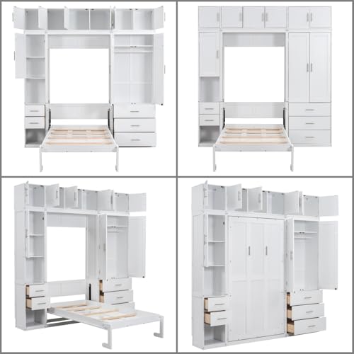 Merax Full Size Murphy Bed Cabinet with Lockers and Storage Wardrobes Shelves, Wood Foldable Hidden Wall Platform Bedframe Chest for Home, Bedroom, Office, Small Room, Apartment