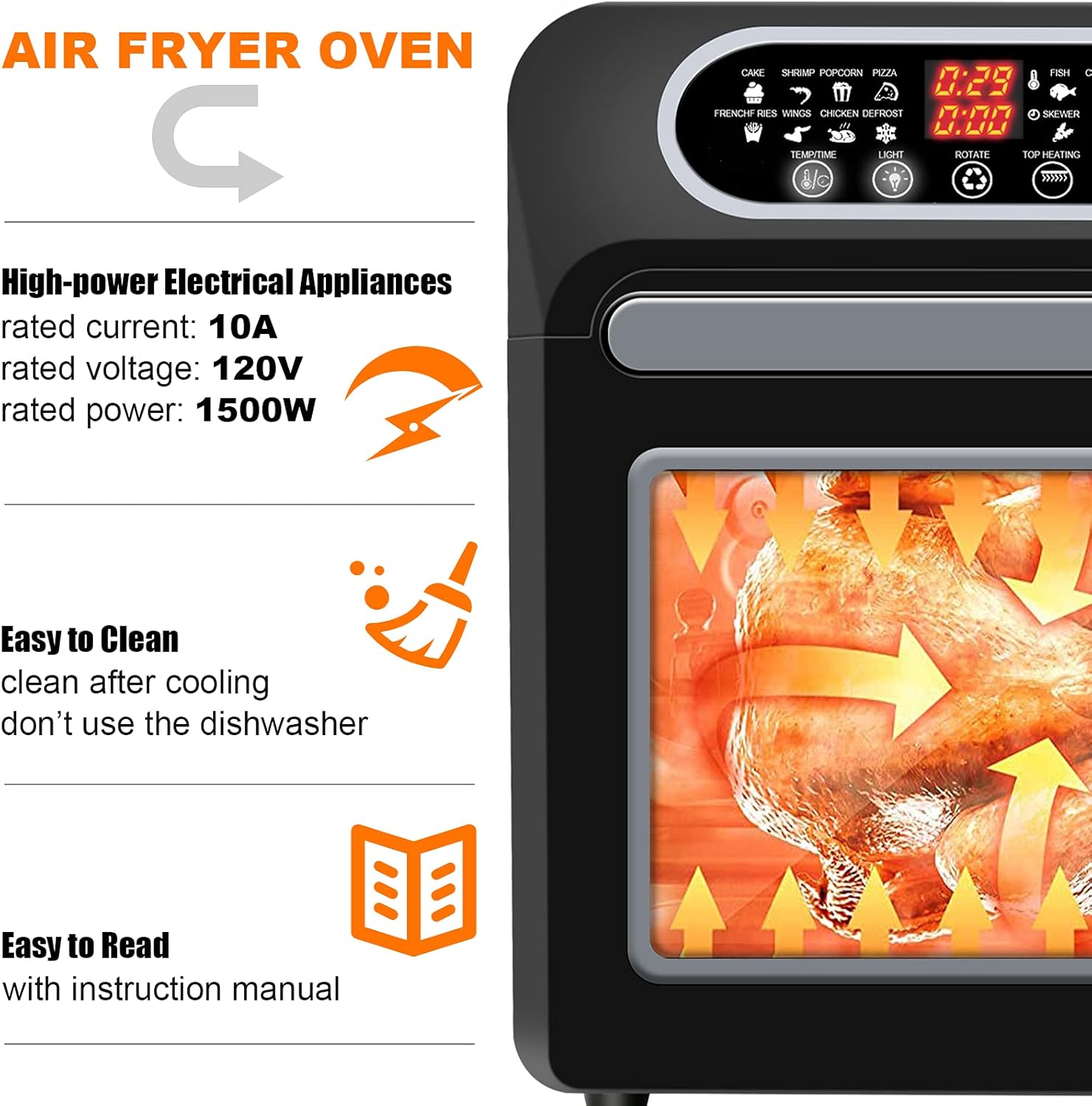 Air Fryer Oven, 15.8qt 3-layer Large Air fryer Toaster Oven Combo for Fries, Chicken, Pizza, Cake, Popcorn, Steak, Rotisseries, 16-in-1 Convection Oven Countertop with 6 Accessories,1500W, Stainless Steel Finish