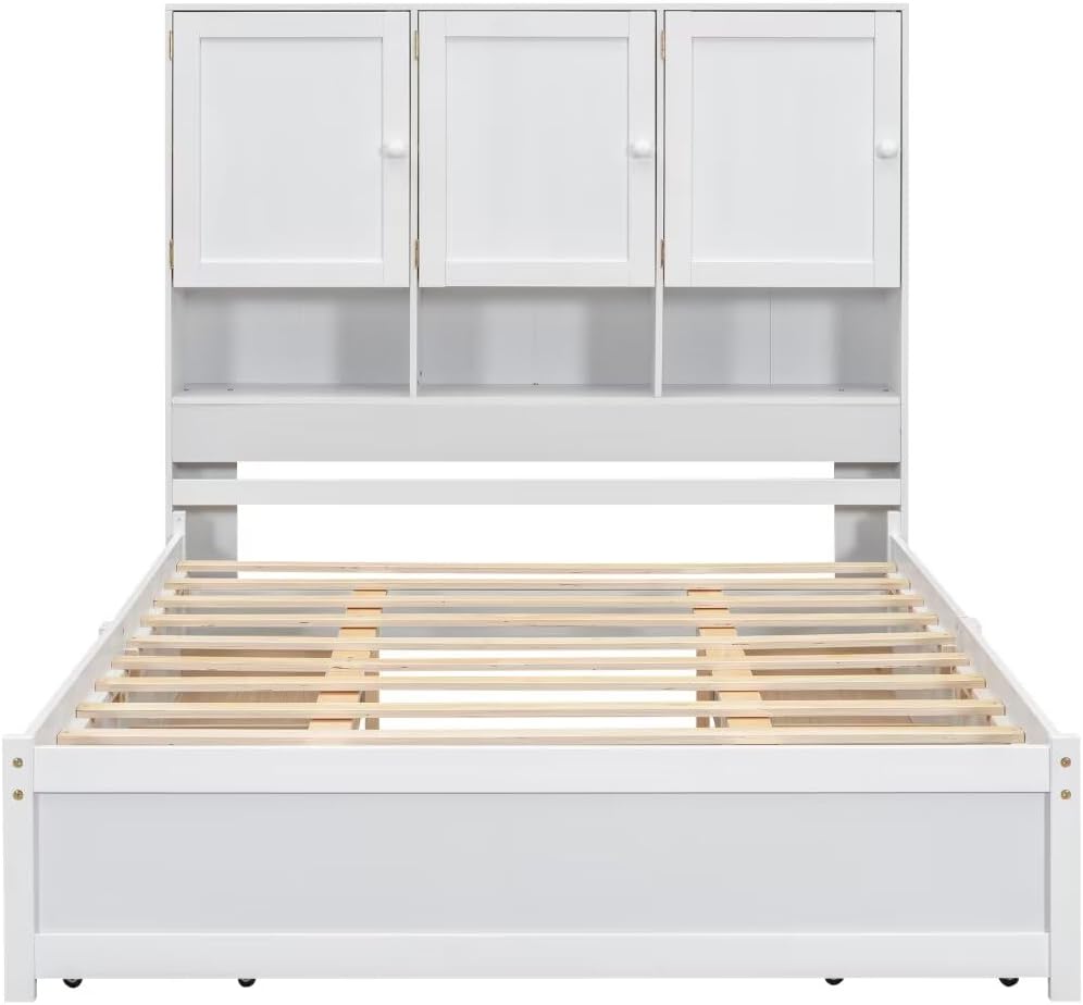 Modern Designs Queen Size Platform Bed with 4 Storage Drawers & Bookcase Headboard, Wooden Full Bed Frame with Charging Station for Kids Teens Adults, No Box Spring Needed, White