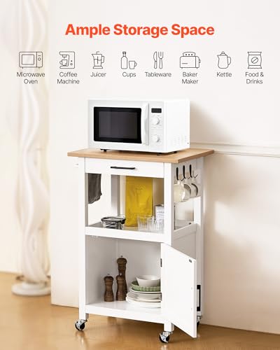 VEVOR Kitchen Island Cart with Solid Wood Top, 35.4" Width Mobile Carts with Storage Cabinet, Rolling Kitchen Table with Spice Rack, Towel Rack, and Drawer, Portable Islands on Wheels, White