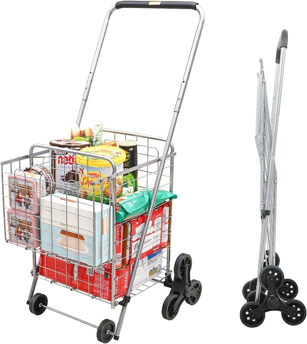 Supenice Grocery Shopping Cart with Wheels Deluxe Stair Climber Utility Cart Easily Collapsible Cart with Tri-Wheels, 66 LBS Capacity, Extended Foam Cover, Trolley for Shopping, Stair, Laundry