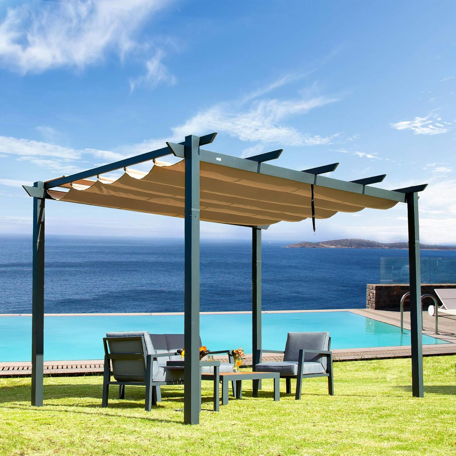 Outdoor Pergolas (2021 New) - Patio Aluminum Retractable Pergola Outdoor Gazebo Heavy Duty Grape Trellis Sunshade Canopy with Natural Wood Looking Finish by domi outdoor living (Martinique 10x13ft)