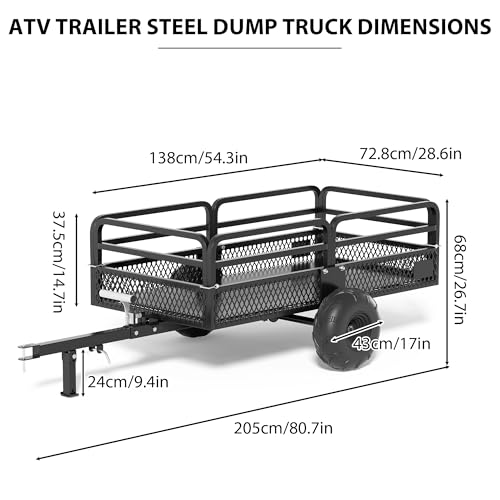 ATV Trailer Steel Dump Cart, Heavy Duty Carts with Wheels 1500lbs 15 cu. ft Capacity Utility Trailer Yard Garden Trailer W/Support feet & Removable Sides for Tractors, ATV, UTV, Lawn Mowers
