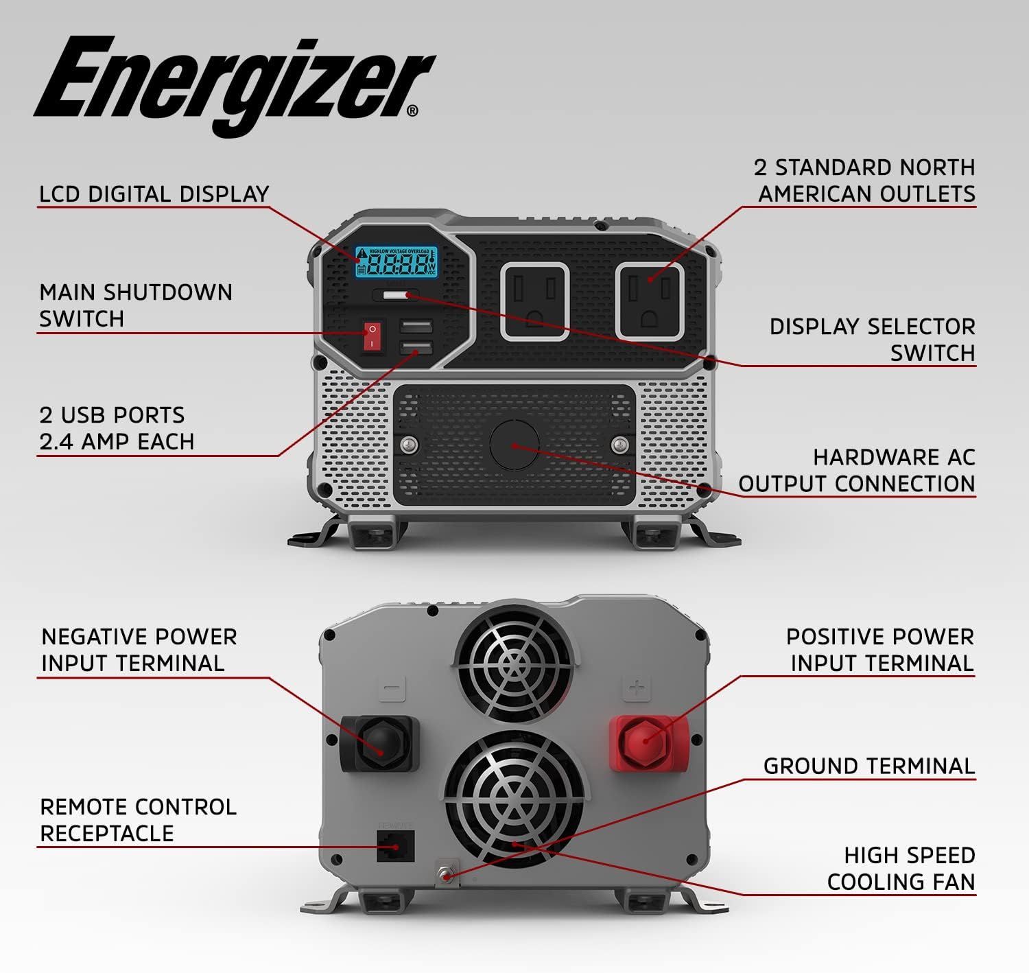 Energizer 4000 Watts Power Inverter Modified Sine Wave Car Inverter, 12V to 110 Volts, Two AC Outlets, Two USB Ports (2.4 Amp), Hardwire Kit, Battery Cables Included – ETL Approved Under UL STD 458