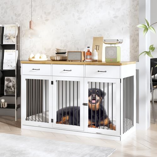 Extra Large Dog Crate Furniture with 3 Drawers, Indoor Heavy Duty Dog Kennel House, 55.3" Furniture Style Dog Crate Side End Table TV Stand for XL Large Medium Breed Dogs, White