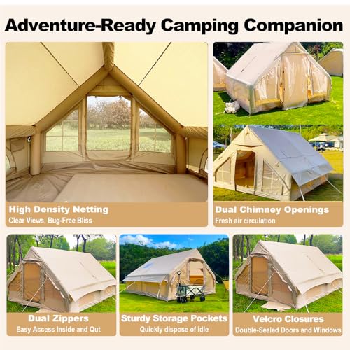 Inflatable Camping Tents 8-10 Person,129 Square Feets Large Inflatable Camping Tent with Stove Jack,Blow up Tent with Mesh Windows & Pump,Easy Setup 4 Season Glamping Tents Waterproof