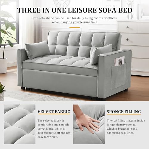 3 in 1 Convertible Sleeper Sofa Bed, Multi-Functional Velvet Sleeper Couch Pull-Out Bed, Loveseat Chaise Lounge with Adjustable Backrest, Two Seat Sofa for Living Room, Small Space, Gray