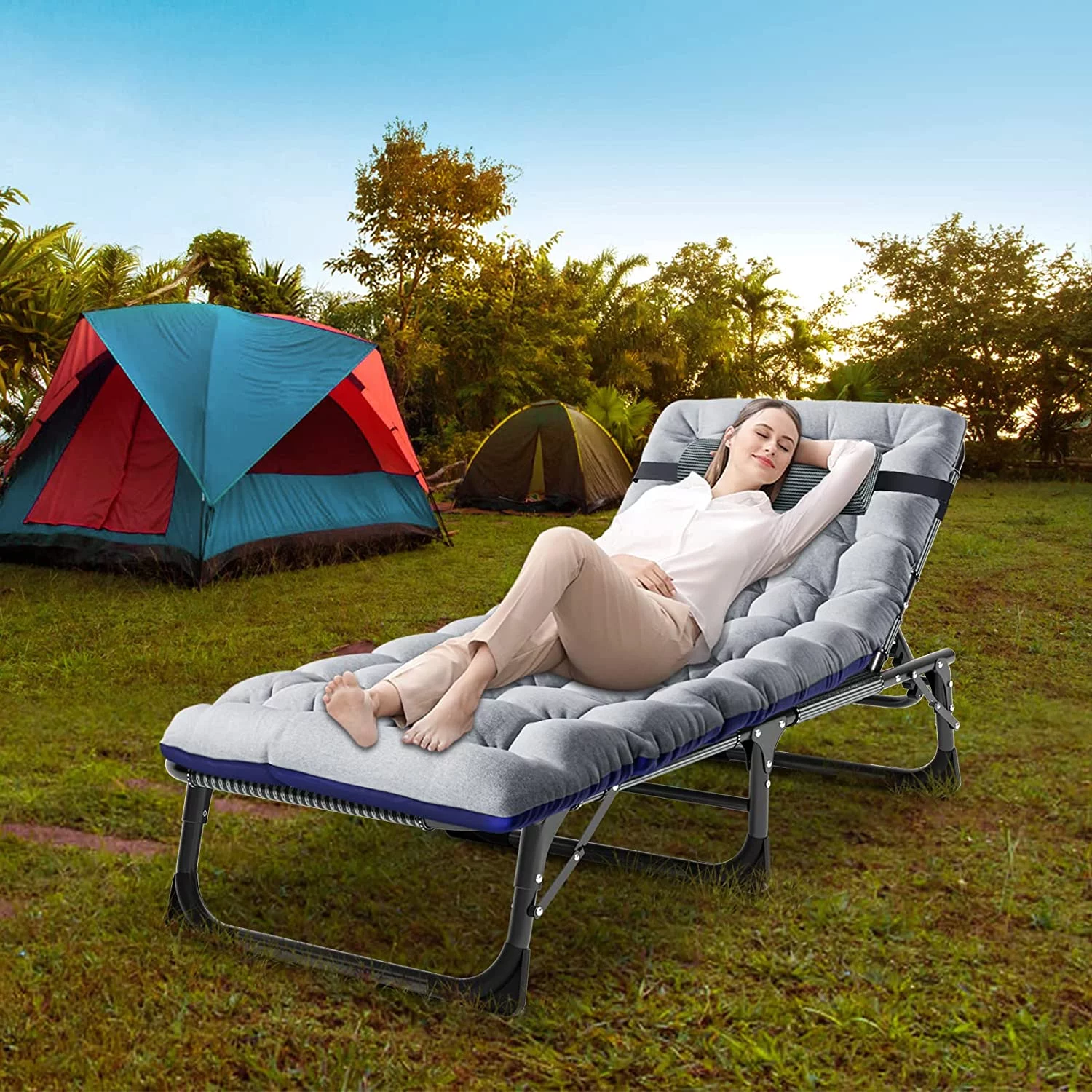 Slsy 4-Fold Folding Camping Cot with 2 Sided Mattress & Pillow, Adjustable 4-Position Folding Lounge Chair, Portable Sleeping Cots Bed
