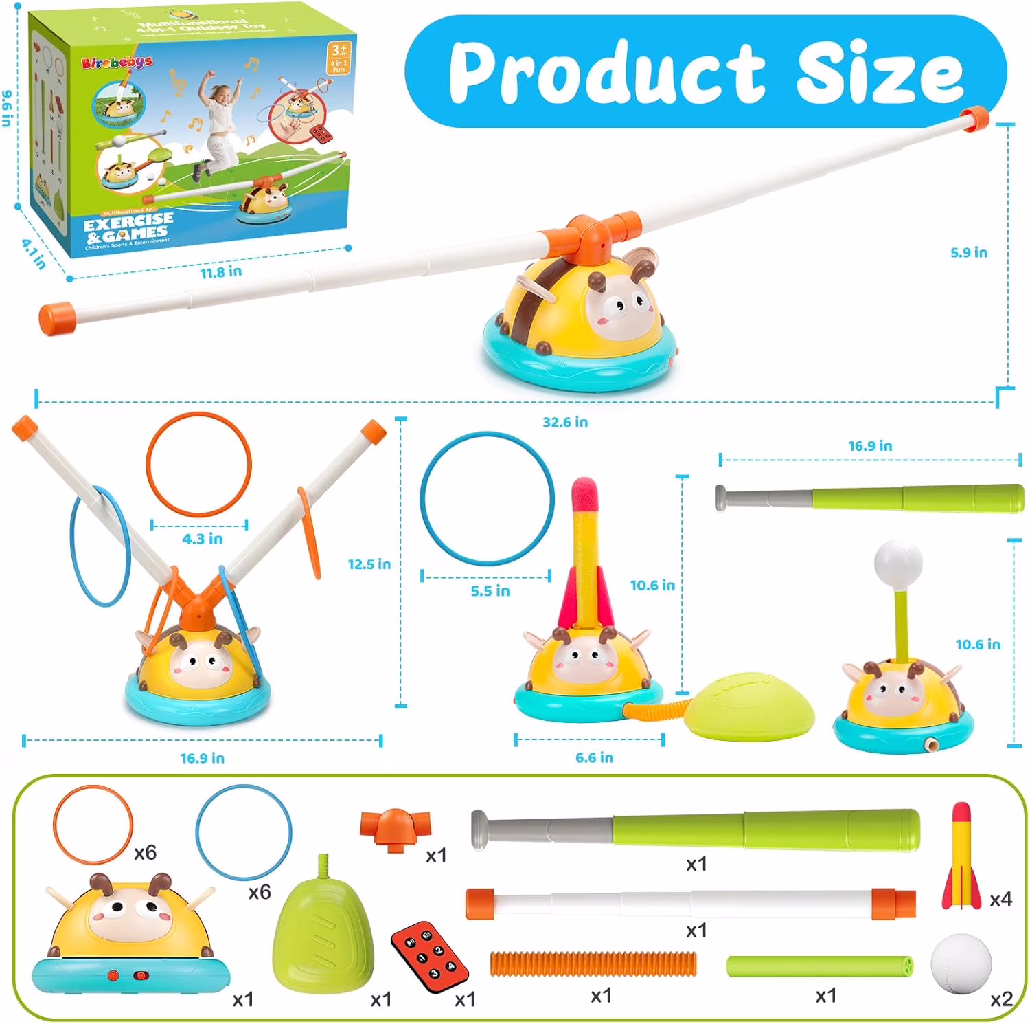 4 in 1 Outdoor Toy for Kids Ages 4-8, Jump Toy Toss Ring Baseball Game with Music, Outside Family Sports Games, Ideal Birthday, Xmas Gifts for Boys Girls Ages 3 4 5 6 7 8