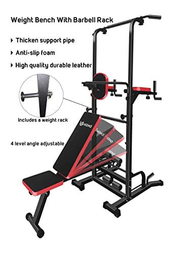Multifunction Power Tower with Bench Pull Up Bar Dip Station for Home Gym Squat Rack Adjustable Workout Strength Training Home Fitness Equipment 440LB