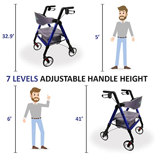 HEALTHLINE Heavy Duty Rollator Walker with Seat - Extra Wide Alluminium Folding Rolling Walkers 450LB with Wide Basket & Padded Seat - 4 Wheel Walker for Adults (Black)