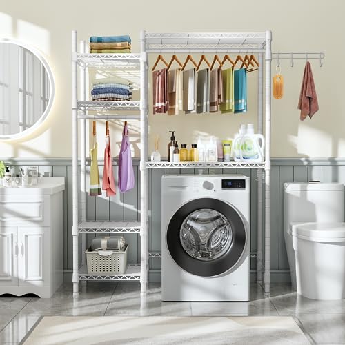 Ulif U7 Over The Washer and Dryer Storage, Laundry Room Heavy-Duty Space Saver with 6 Shelves and 2 Hanger Rods, Laundry Clothes Drying Rack and Toiletries Organizer, 47.2”W x 13.4”D x 77.4”H