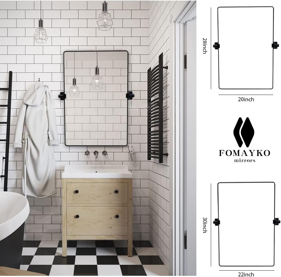 FOMAYKO 22" x 30" Black Aluminum Alloy Frame Pivot Rectangle Bathroom Mirror Tilting Rounded Corner Rectangular Vanity Mirror for Wall Decor