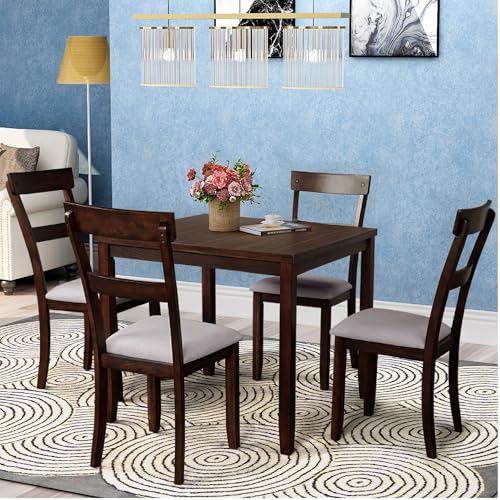 Merax Dining Table Set of 4 Upholstered Chairs & Natural Wood Grain Tabletop Mid-Century Home Furniture Perfect for Kitchen, Apartment and Dinette, 5-Piece Set, Espresso
