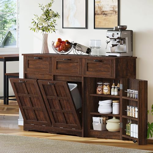 DWVO Double Trash Can Kitchen, Tilt Out Trash Can Cabinet with Drawers, Kitchen Island with Trash Can Storage, Hidden Trash Can Cabinet 20 Gallon, Laundry Hamper Cabinet, Brown Oak