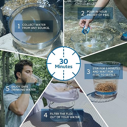 P&G Purifier of Water Portable Water Purifier Packets. Emergency Water Filter Purification Powder Packs for Camping, Hiking, Backpacking, Hunting, and Traveling.