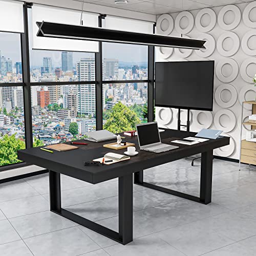 FAMAPY 7.2FT Conference Table Podcast Table, Black Metal Frame, Rectangular Office Table Meeting Table Podcast Table, Black and Deep Walnut (86.8”W x 47.2”D x 29.4”H)