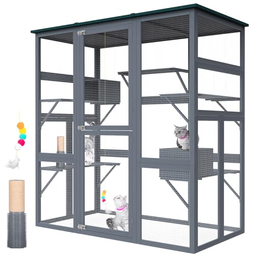 Catio Outdoor Cat Enclosure Large Walk in Cat Cage, Outdoor/Indoor Cat Catio for Multiple Cats with Waterproof Roof, 5 Platforms, 2 Resting Box, Cat Scratching Post, 71.2"L x 34.6"W x 66.5"H