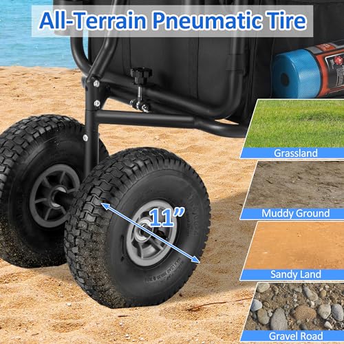 AHB Fishing Cart 550lbs Beach Wagon Cart, Heavy Duty Foldable Cart with All Terrain Big Wheels, Collapsible Wagon with 5 Rod Holders, Umbrella Holder and Cargo Net (Black)