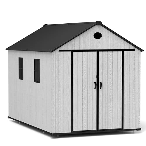 7.3 x 12 FT Shed Resin Outdoor Storage with Floor, 566 cuft Plastic Shed with Window and Lockable Door for Garden, Backyard, with Wood Texture, Grey