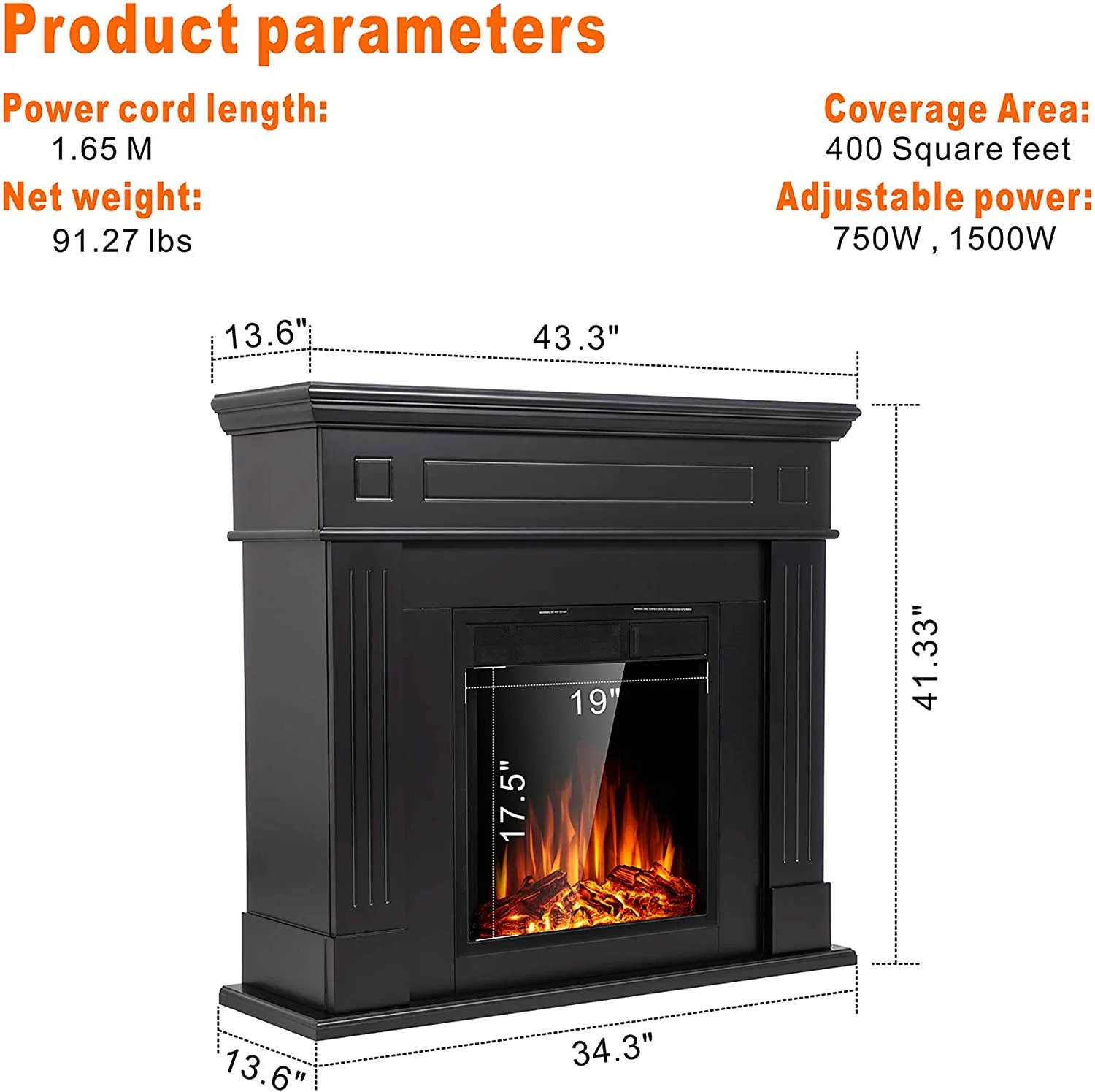 KISSAIR Electric Fireplace Mantel Package Wooden Surround Firebox TV Stand Free Standing Electric Fireplace Heater with Logs, Adjustable Led Flame, Remote Control, 750W-1500W (Black)
