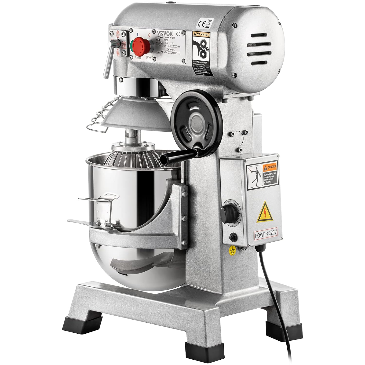 VEVOR Commercial Mixer, Commercial Food Mixer 10Qt Stainless Steel Bowl, 450W Commercial Stand Mixer with 3 Speeds Adjustable, Dough Hook Whisk Beater Included, Perfect for Bakery Pizzeria, Silver
