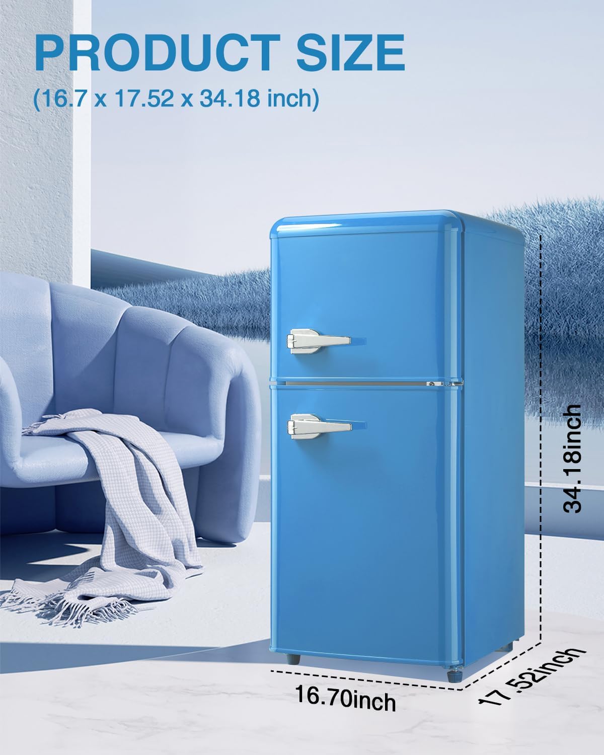 Compact Refrigerator Double Door Mini Fridge with Freezer, 3.5 Cu.ft Mini Refrigerator with 7 Level Adjustable Thermostat for Office, Dorm, Apartment, Blue