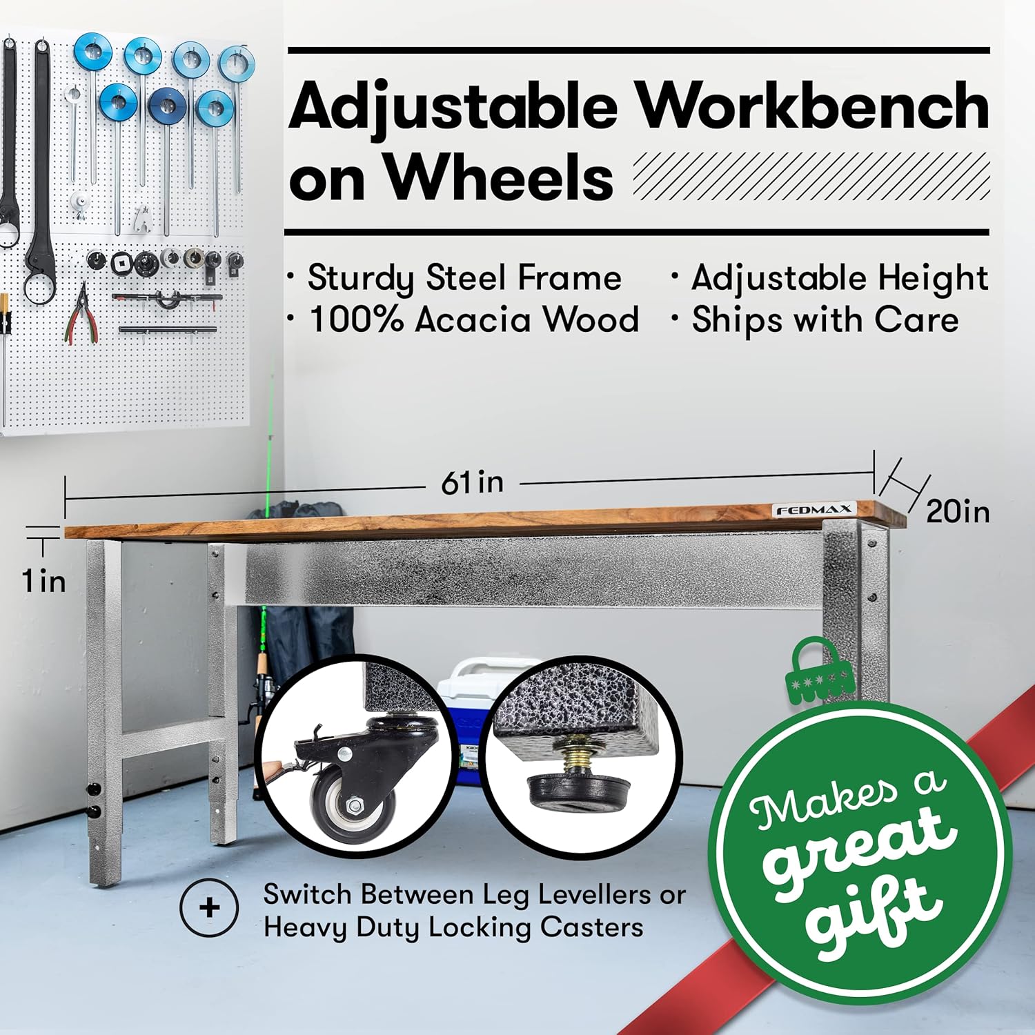 Fedmax Work Bench - 61-inch x 28 to 44-inch Acacia Wood Garage Work Table with Caster Wheels and Adjustable Height Legs - Tool Benches for Home Improvement