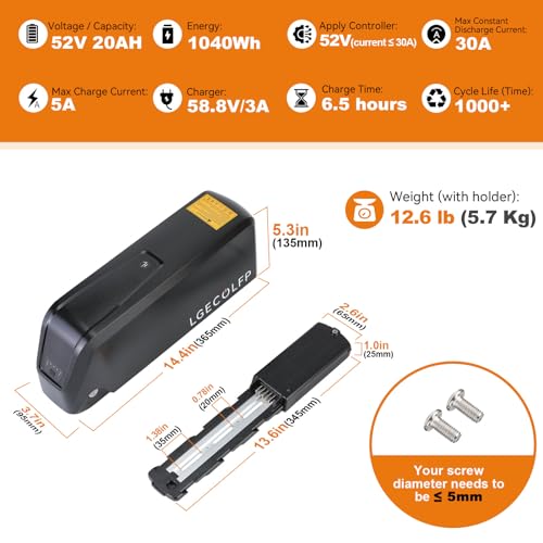 LGECOLFP 36V 48V 52V Ebike Battery 10Ah 13Ah 15Ah 20Ah Battery Pack with 3A Fast Charger 30A BMS for 36V 48V 52V Controller 250W 350W 500W 750W 1000W 1200W Motor