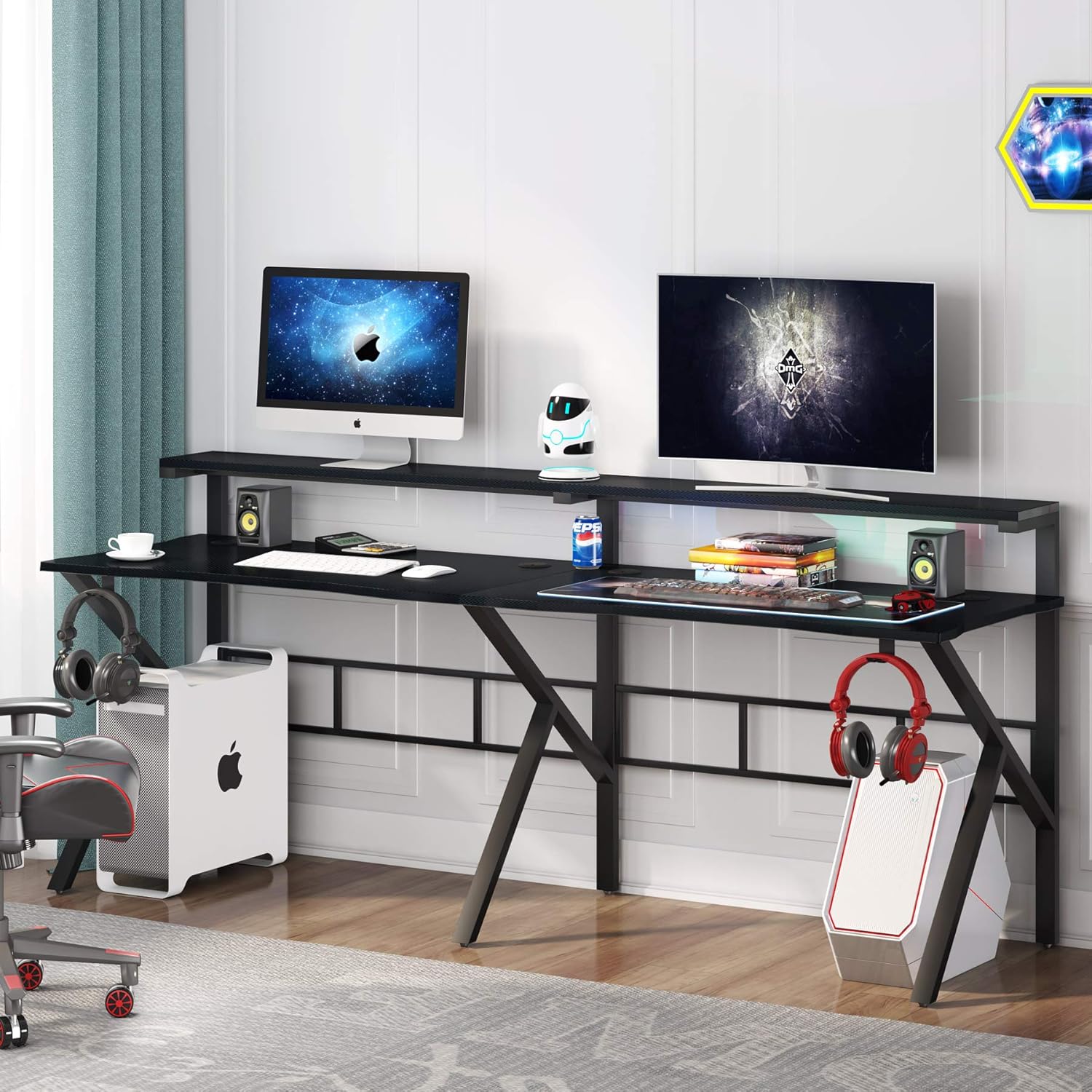 Tribesigns Two Person Gaming Desk with Hutch Monitor Shelf, 78 inches Double Computer Desk with Headphone Hooks, Extra Long K -Shaped Home Office PC Table Gamer Workstation,Textured Carbon Fiber,