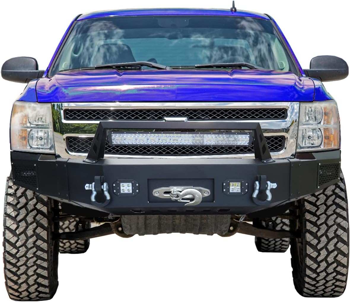 Ronghui Silverado Front Bumper Textured Black w/Winch Plate and 4x20W LED light and 1x144W Light Bar and 2xD-Rings for 2007-2013 Chevrolet Silverado 1500