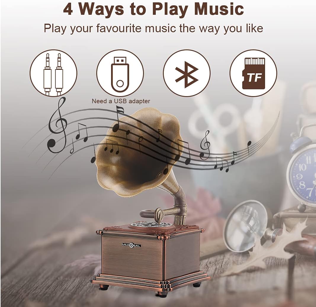 MEAGEAL Mini Retro Bluetooth Speaker, Vintage Metallic Gramophone Shape USB Wireless Speaker Phonograph Shape with Stereo Sound, Copper Horn,Aluminum Body,3.5mm Aux,TF Card…