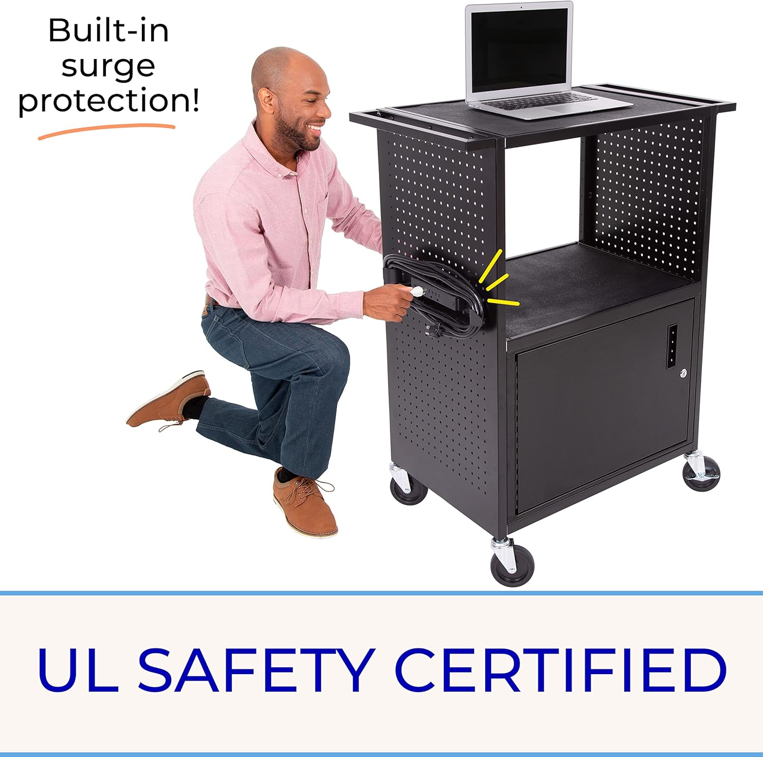 Line Leader Stellar AV Cart | Computer Cart with Pegboard Siding & 12 Hooks for Customizable Storage | Locking Cabinet & Pullout Keyboard Tray | UL Safety Certified Power Outlets | Locking Wheels