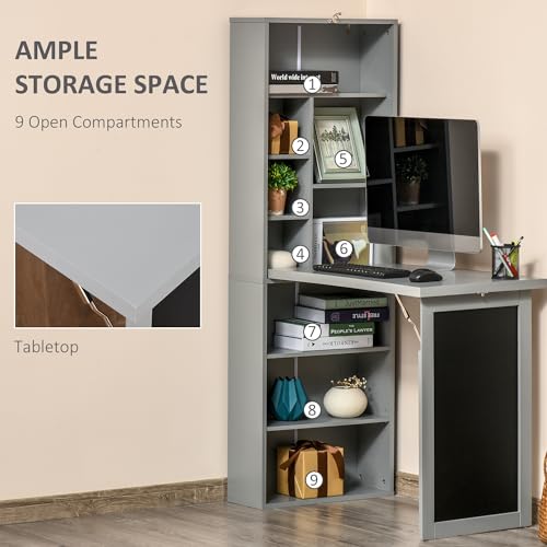 HOMCOM Fold-Out Convertible Writing Table Wall Mount Desk Cabinet with Blackboard and Side Shelf Multi-Function Home Office Workstation, Grey