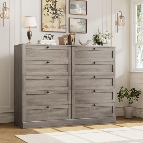 HOSTACK 5 Drawer Dresser for Bedroom, 43.7" Tall Dresser & Chest of Drawers, 29" W Drawer Chest with Metal Handles, Wood Vertical Dresser Storage Cabinet for Living Room, Hallway, Entryway, Ash Grey