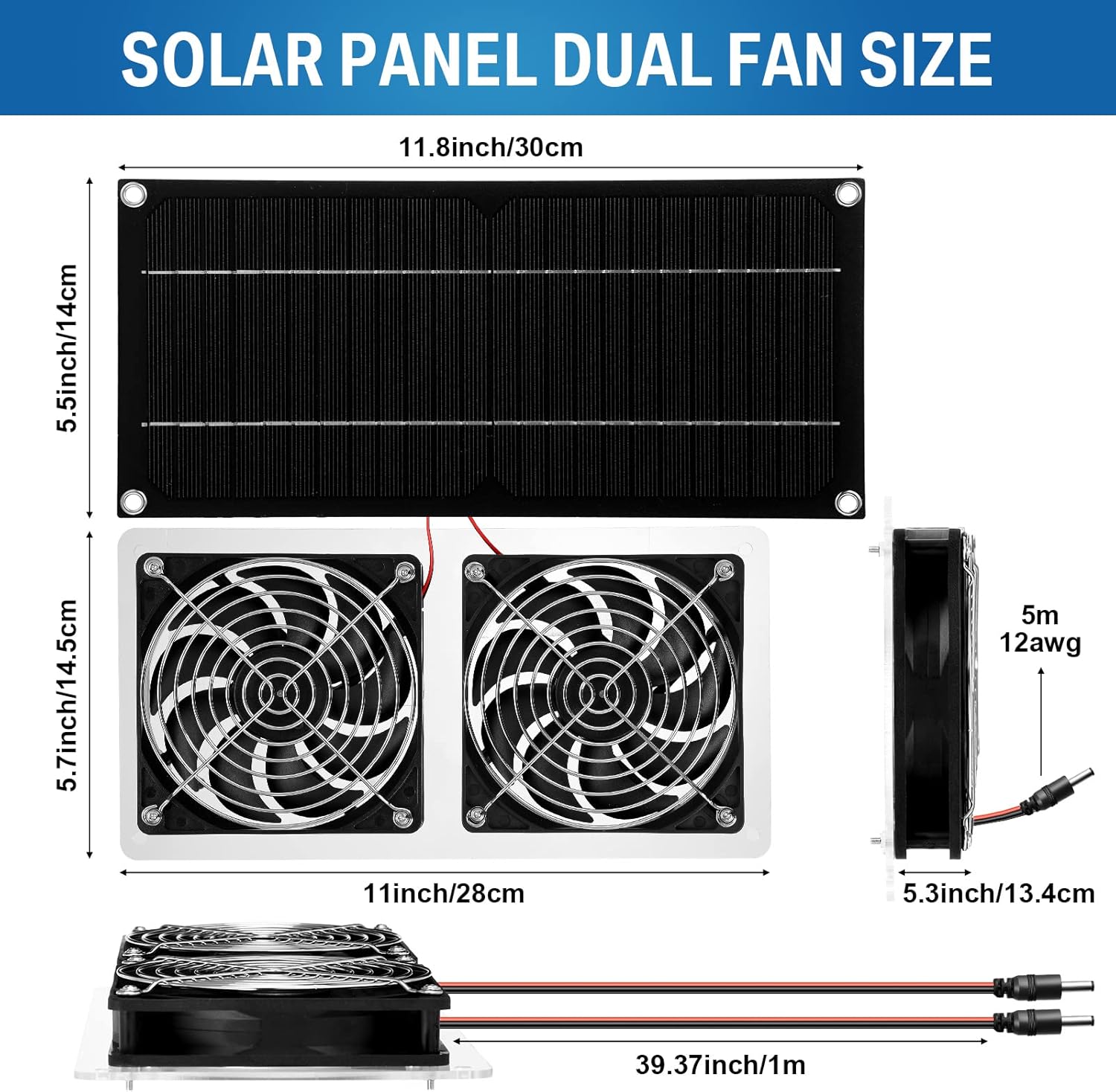 Solar Panel Fan Kit 10W 12V Solar Powered Dual Fan Waterproof Solar Exhaust Fan Outdoor Portable Solar Ventilation Fan Solar Attic Fan with Cable for Chicken Coop Greenhouse Shed Pet Houses Window