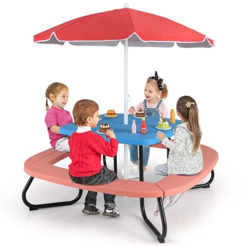 KOTEK 8-Person Kids Picnic Table, Toddler Activity Table with Removable Umbrella, 4 Built-in Benches, HDPE Top & Metal Frame, Kids Outdoor Table for Patio Garden Backyard (Blue+Red)